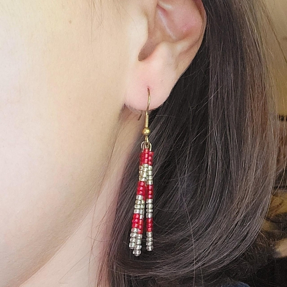 Vintage Bohemian Red & Gold Beaded Drop Earrings - Picture 1 of 8